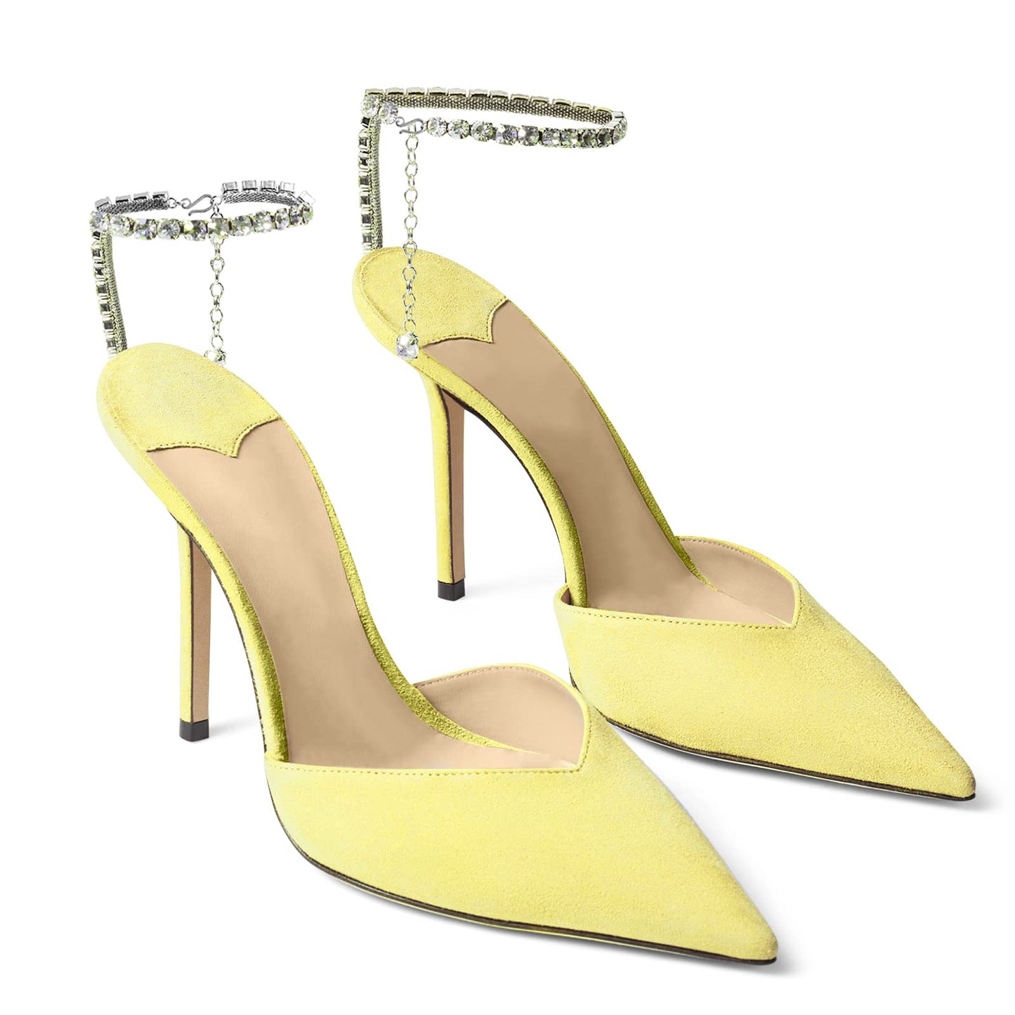 Women's Heeled Sandals Crystal Chain Ankle Straps Rhinestones Buckle High Heels Stiletto Slip On Wedding Party Satin Dress Shoes