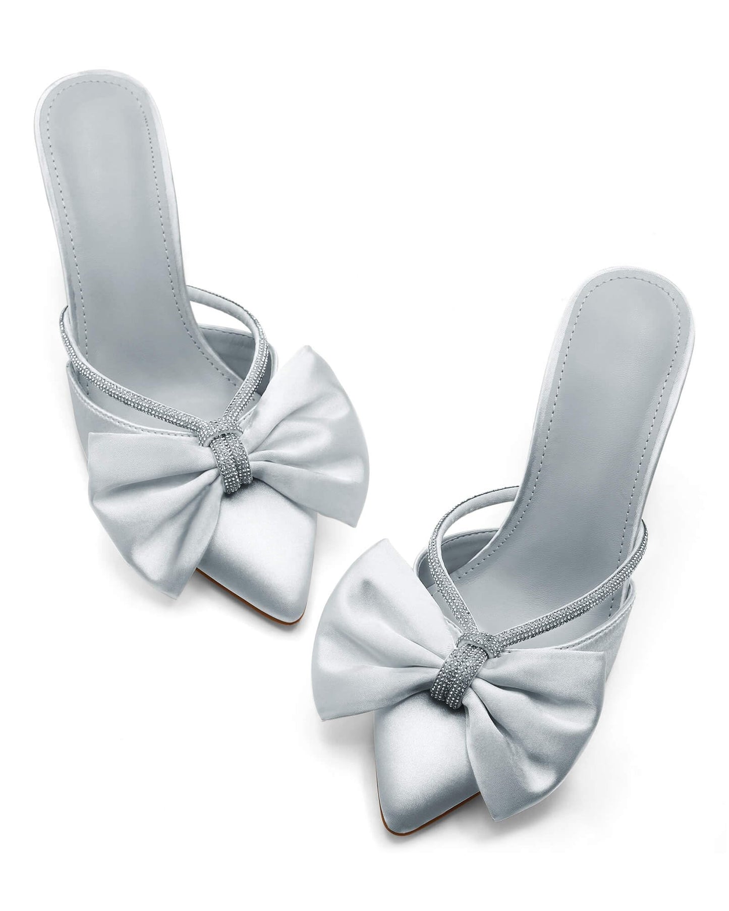 Womens Bow Heels Mules Pointed Closed Toe Sandals Rhinestone Satin Backless Wedding Shoes