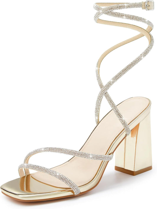 Womens Lace Up Chunky Heels Rhinestone Sandals Square Open Toe High Block Heeled Wedding Dress Shoes