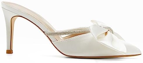 Womens Bow Heels Mules Pointed Closed Toe Sandals Rhinestone Satin Backless Wedding Shoes