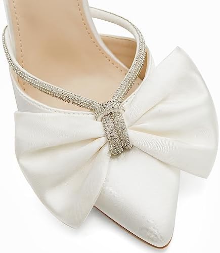 Womens Bow Heels Mules Pointed Closed Toe Sandals Rhinestone Satin Backless Wedding Shoes
