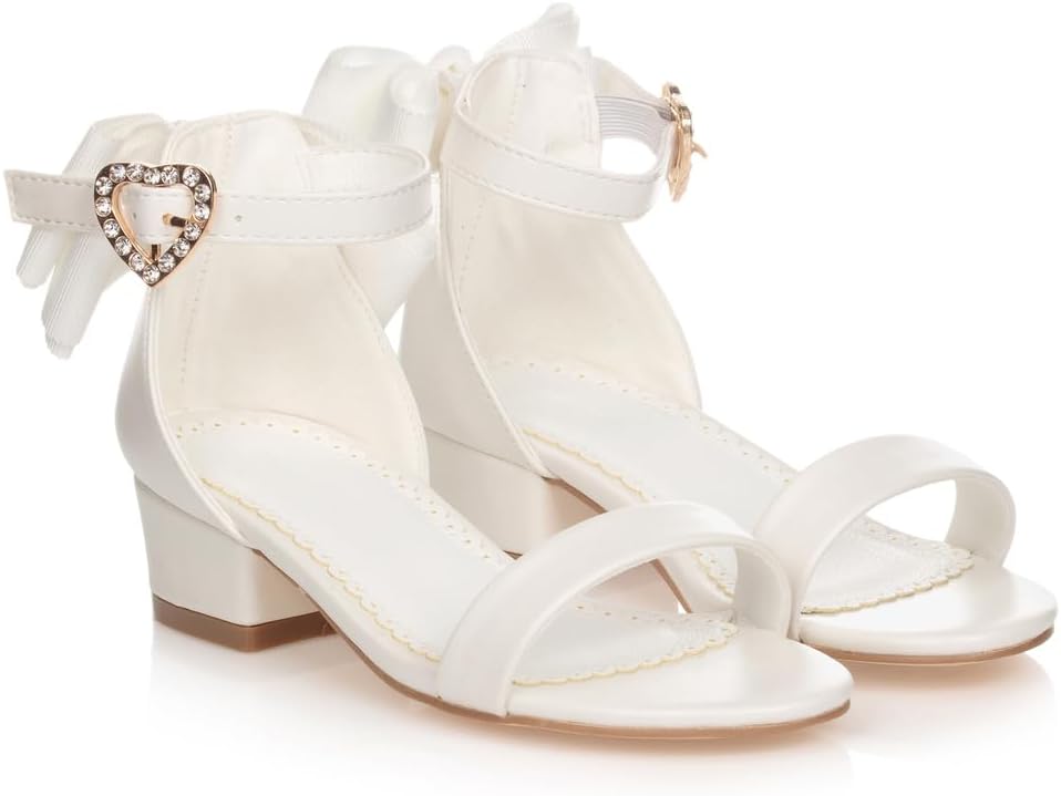 Girl's Bow Tie Heeled Sandals Open Toe Chunky Low Heel Rhinestone Princess Dress Shoes