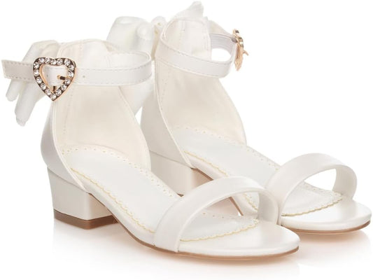 Girl's Bow Tie Heeled Sandals Open Toe Chunky Low Heel Rhinestone Princess Dress Shoes