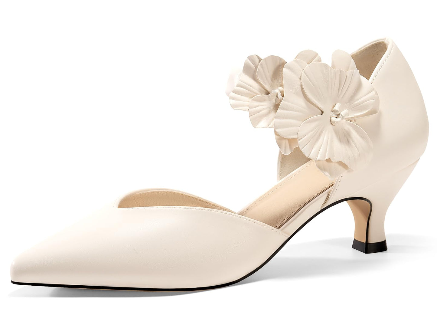 Women's low-heeled open-toe dress shoes, comfortable closed-toe flower-decorated flat-heeled ballroom pumps, suitable for formal occasions.
