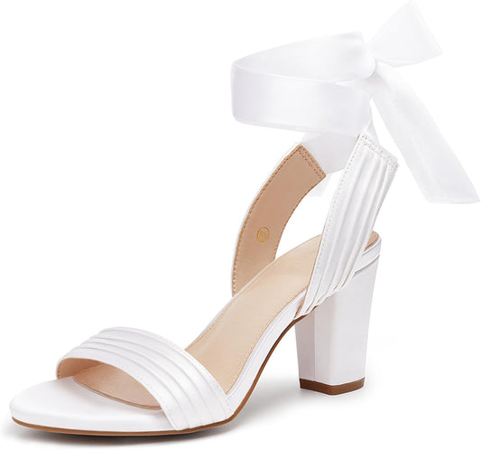 Womens Strappy High Heels Chunky Heeled Sandals Bow Tie Lace Up Open Toe Pumps Dress Wedding Comfortable Shoes