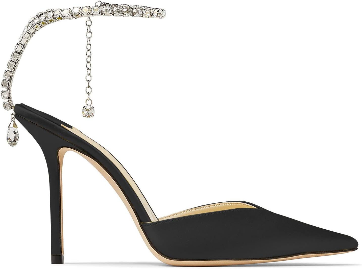 Women's Heeled Sandals Crystal Chain Ankle Straps Rhinestones Buckle High Heels Stiletto Slip On Wedding Party Satin Dress Shoes