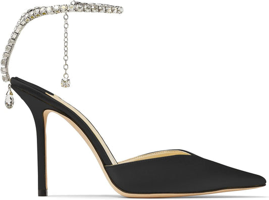 Women's Heeled Sandals Crystal Chain Ankle Straps Rhinestones Buckle High Heels Stiletto Slip On Wedding Party Satin Dress Shoes