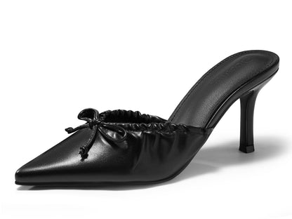 Womens High Heels Mules Bow Closed Pointed Toe Pumps Pleated Slip On Dress Shoes