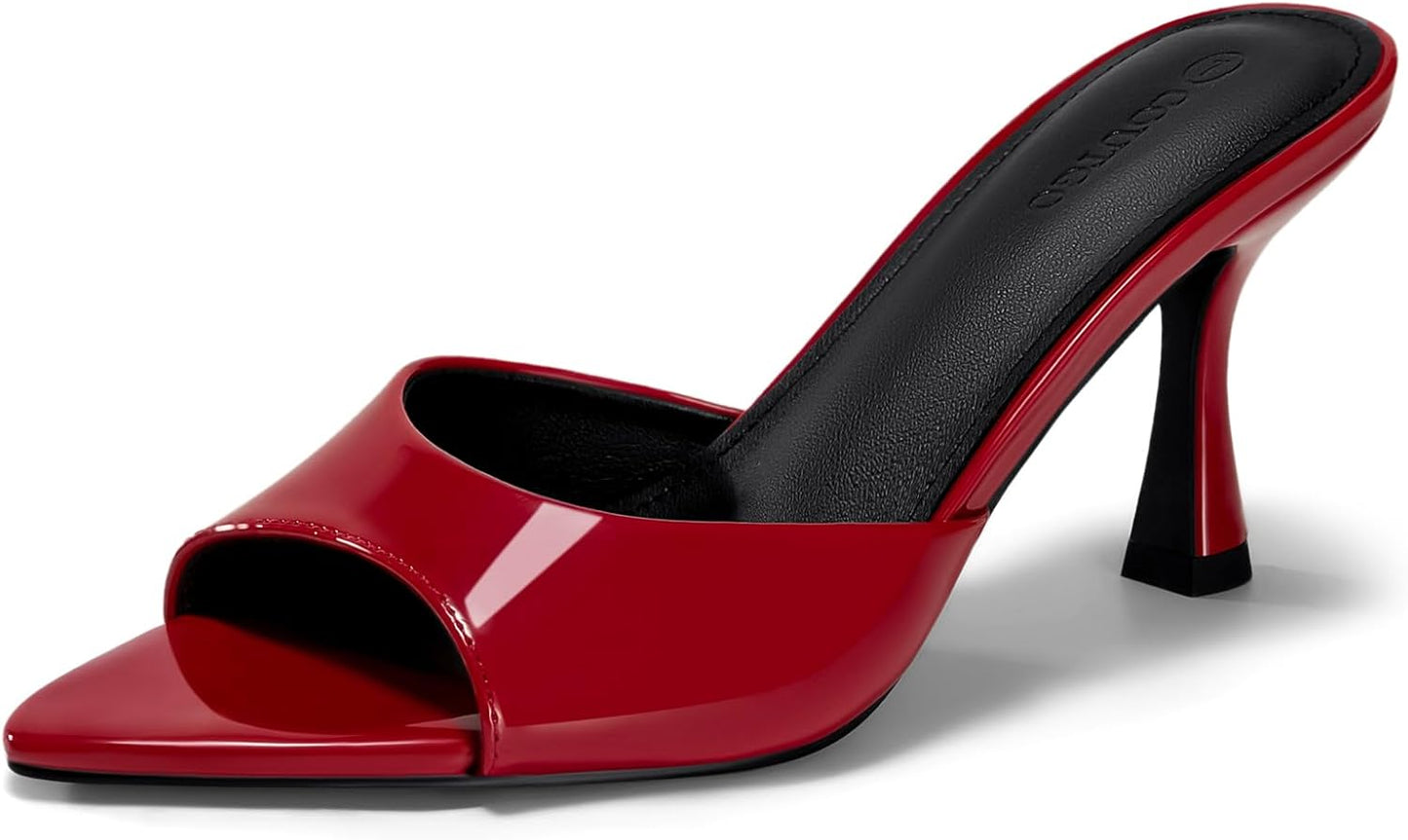 Womens Heeled Mules Pointed Peep Toe High Heels Slip On Backless Mule Sandals Dress Shoes