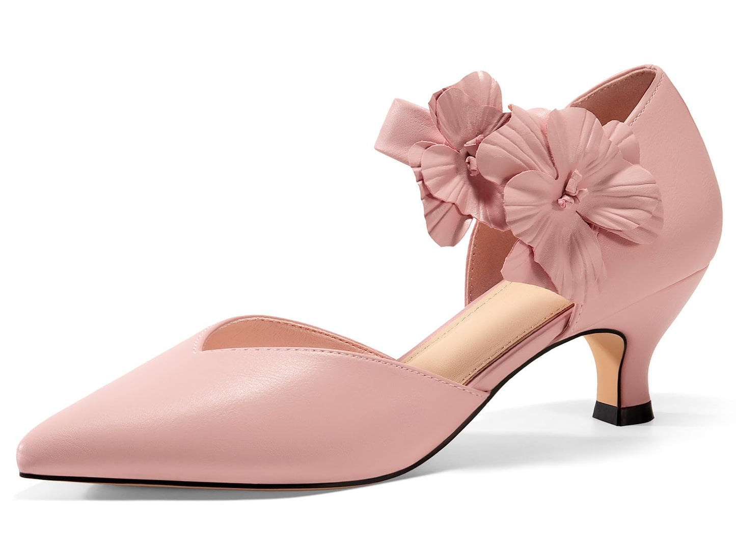 Women's low-heeled open-toe dress shoes, comfortable closed-toe flower-decorated flat-heeled ballroom pumps, suitable for formal occasions.