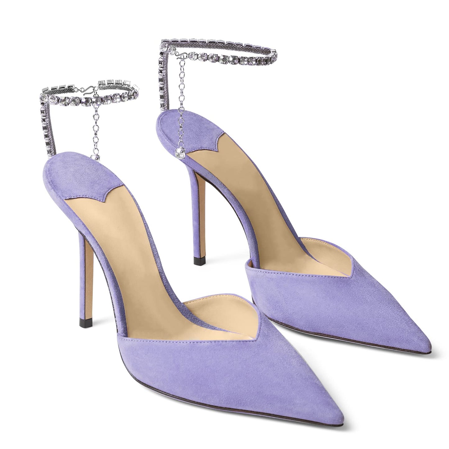 Women's Heeled Sandals Crystal Chain Ankle Straps Rhinestones Buckle High Heels Stiletto Slip On Wedding Party Satin Dress Shoes