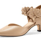 Women's low-heeled open-toe dress shoes, comfortable closed-toe flower-decorated flat-heeled ballroom pumps, suitable for formal occasions.