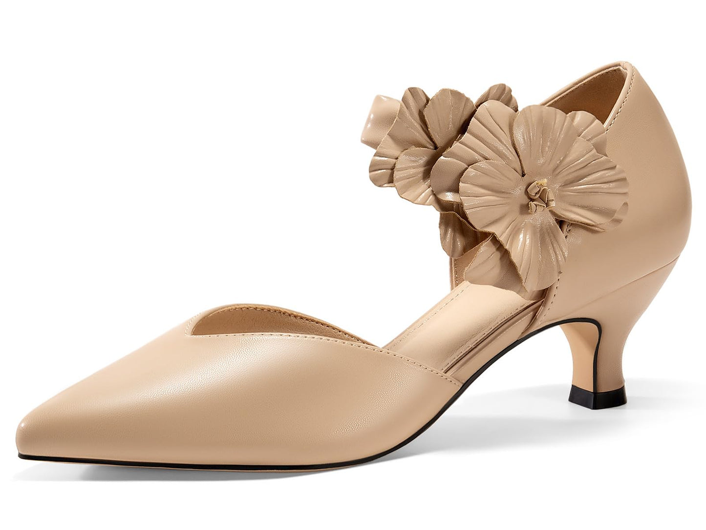 Women's low-heeled open-toe dress shoes, comfortable closed-toe flower-decorated flat-heeled ballroom pumps, suitable for formal occasions.