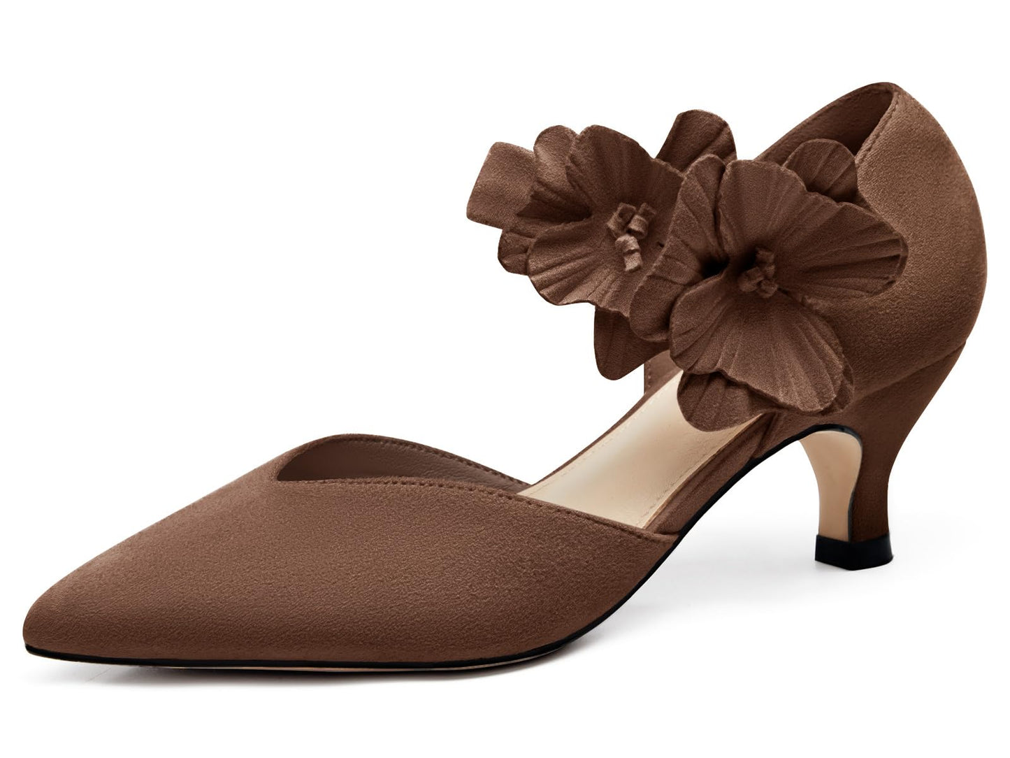 Women's low-heeled open-toe dress shoes, comfortable closed-toe flower-decorated flat-heeled ballroom pumps, suitable for formal occasions.