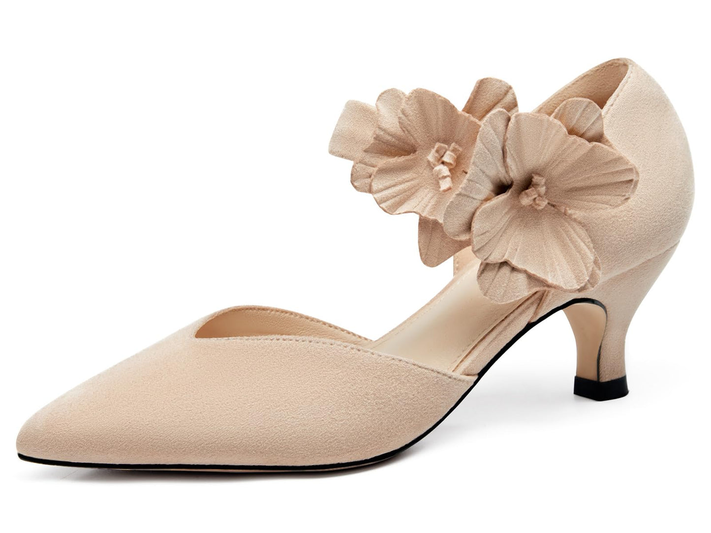 Women's low-heeled open-toe dress shoes, comfortable closed-toe flower-decorated flat-heeled ballroom pumps, suitable for formal occasions.