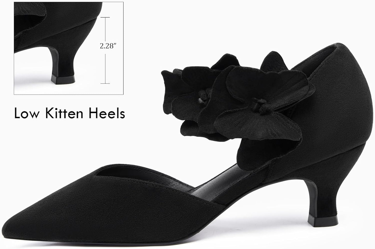 Women's low-heeled open-toe dress shoes, comfortable closed-toe flower-decorated flat-heeled ballroom pumps, suitable for formal occasions.