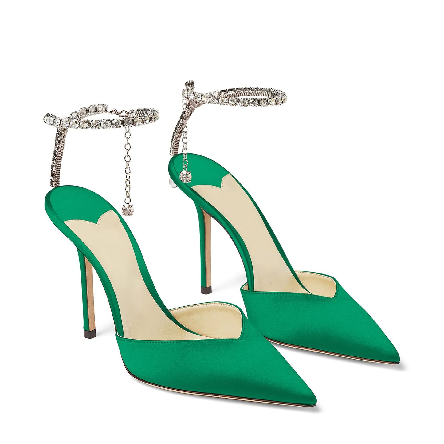 Women's Heeled Sandals Crystal Chain Ankle Straps Rhinestones Buckle High Heels Stiletto Slip On Wedding Party Satin Dress Shoes