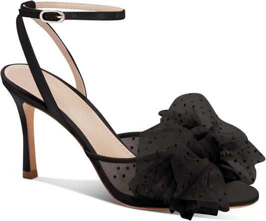 Womens Bow Tie Heels Sandals Slingback Peep Toe Wedding Heels Mesh High Stiletto Heel Summer Cute Wedding Bridal Shoes