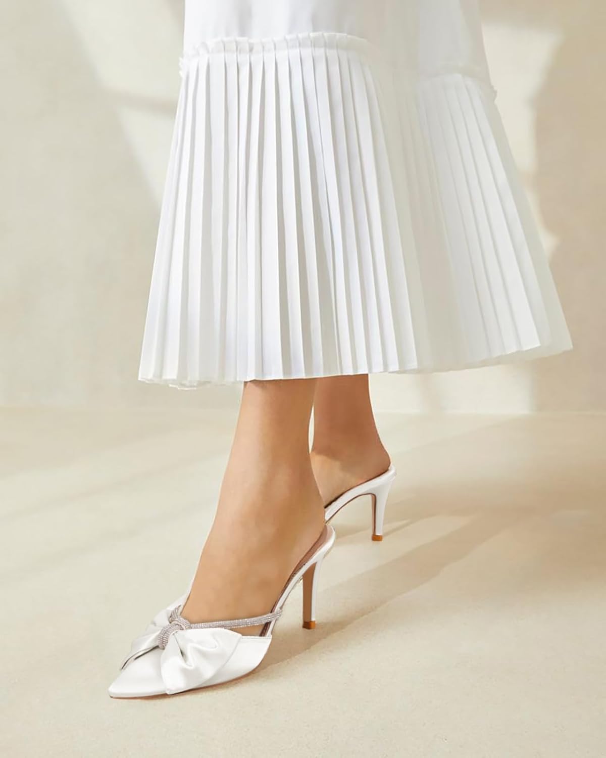 Womens Bow Heels Mules Pointed Closed Toe Sandals Rhinestone Satin Backless Wedding Shoes
