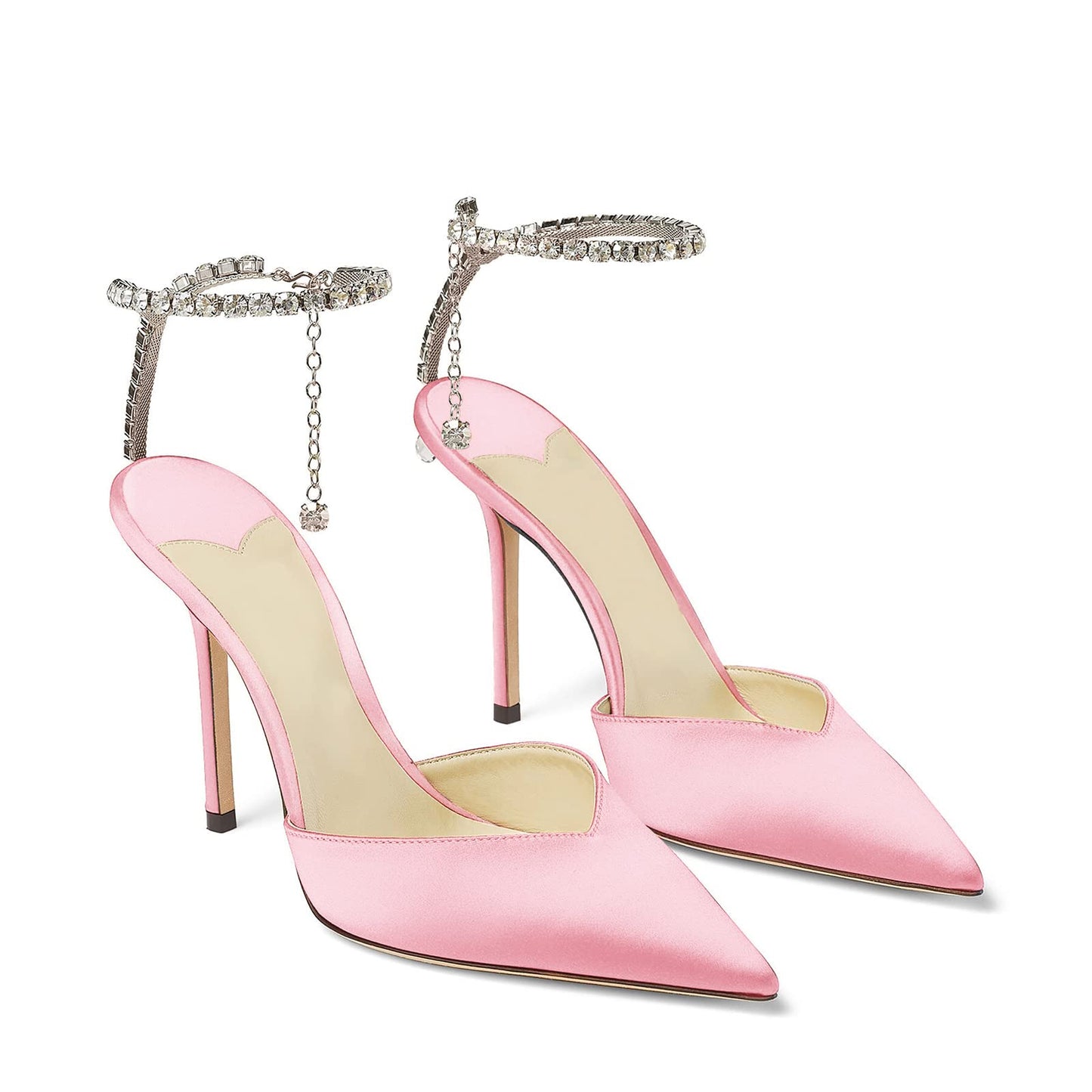 Women's Heeled Sandals Crystal Chain Ankle Straps Rhinestones Buckle High Heels Stiletto Slip On Wedding Party Satin Dress Shoes