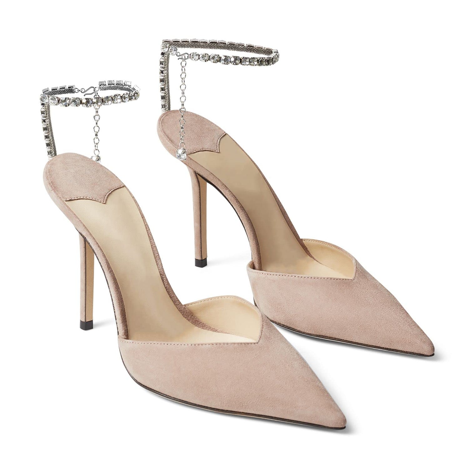 Women's Heeled Sandals Crystal Chain Ankle Straps Rhinestones Buckle High Heels Stiletto Slip On Wedding Party Satin Dress Shoes