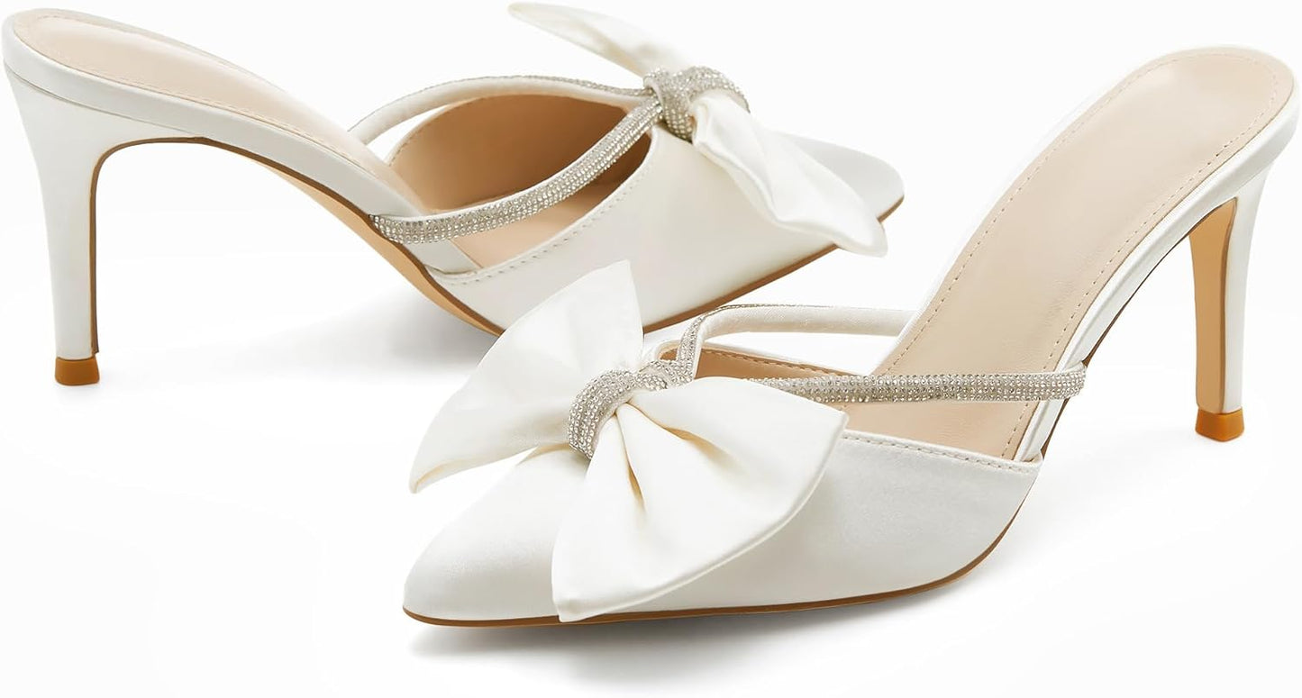 Womens Bow Heels Mules Pointed Closed Toe Sandals Rhinestone Satin Backless Wedding Shoes