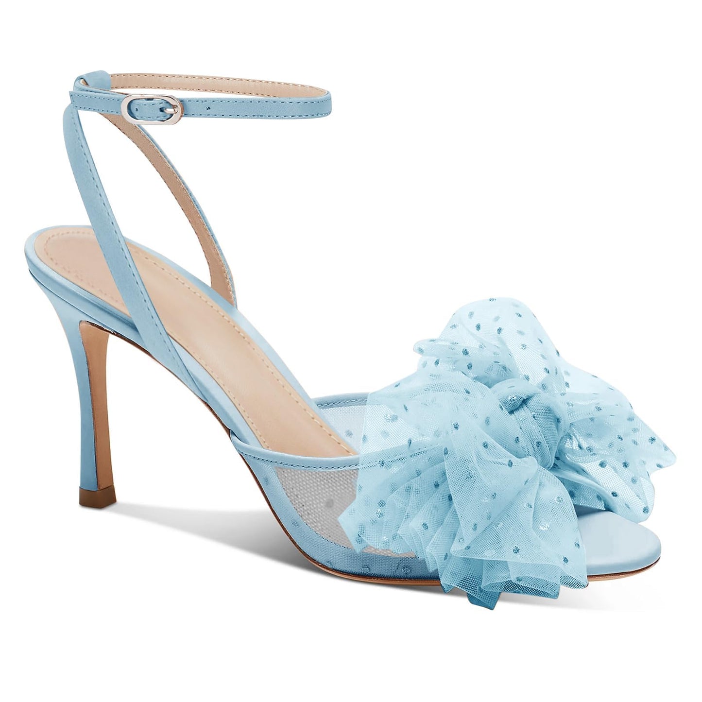 Womens Bow Tie Heels Sandals Slingback Peep Toe Wedding Heels Mesh High Stiletto Heel Summer Cute Wedding Bridal Shoes