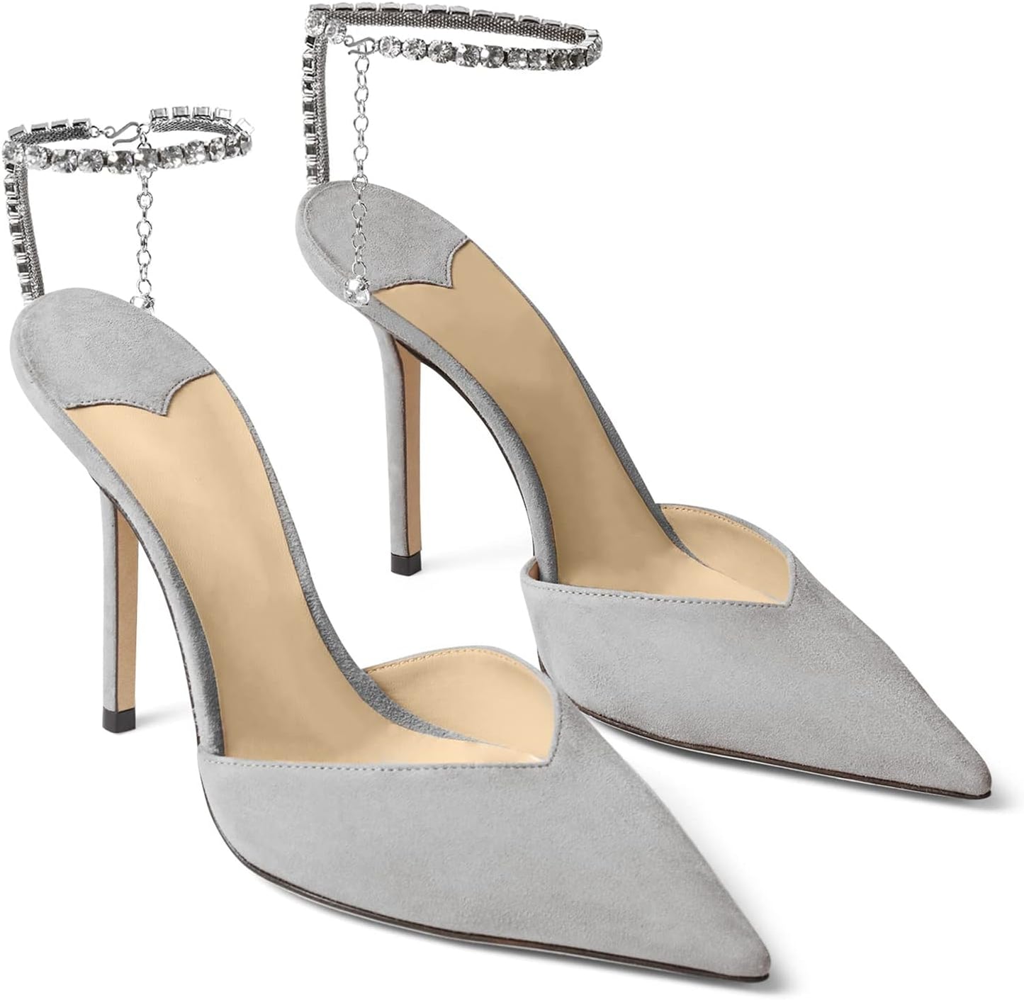 Women's Heeled Sandals Crystal Chain Ankle Straps Rhinestones Buckle High Heels Stiletto Slip On Wedding Party Satin Dress Shoes