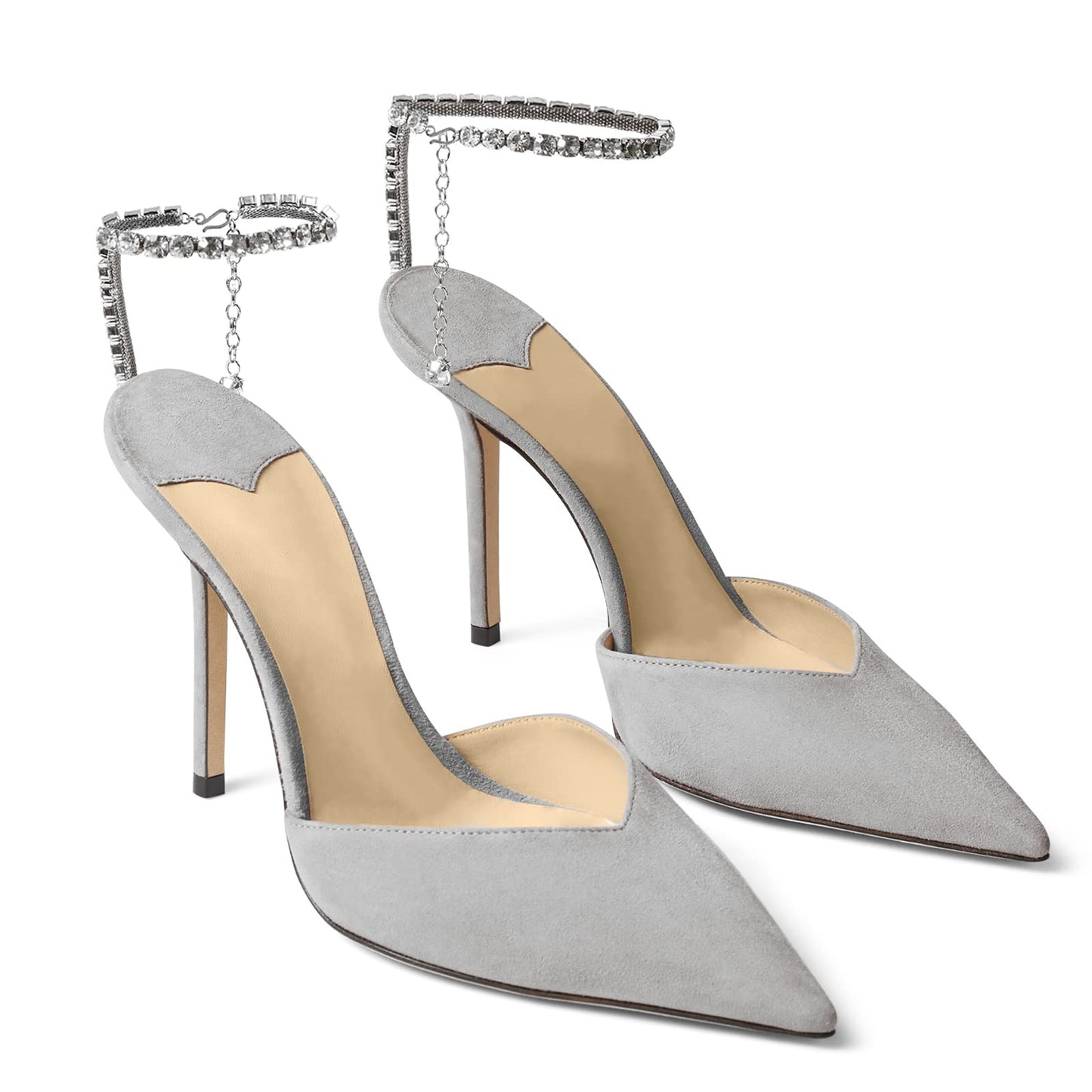 Women's Heeled Sandals Crystal Chain Ankle Straps Rhinestones Buckle High Heels Stiletto Slip On Wedding Party Satin Dress Shoes