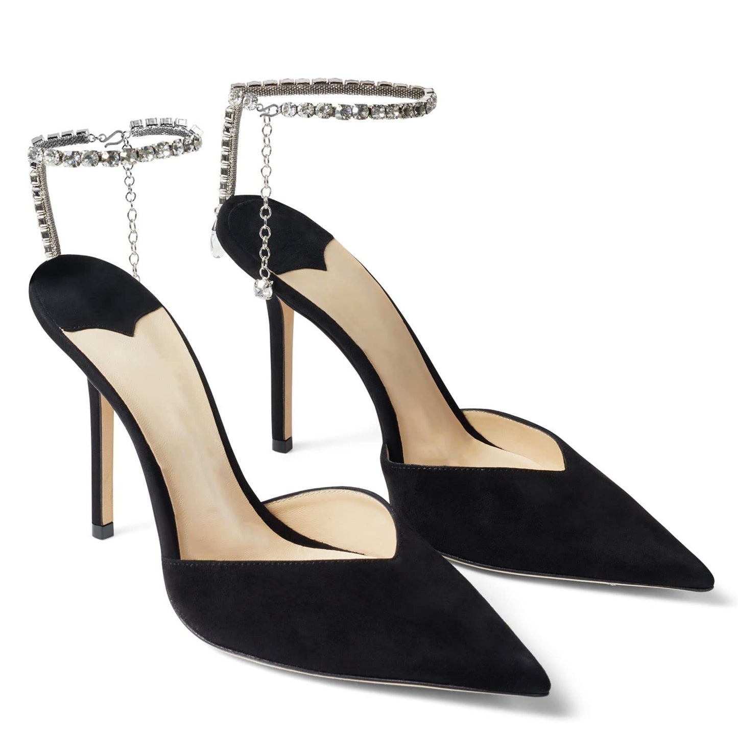 Women's Heeled Sandals Crystal Chain Ankle Straps Rhinestones Buckle High Heels Stiletto Slip On Wedding Party Satin Dress Shoes