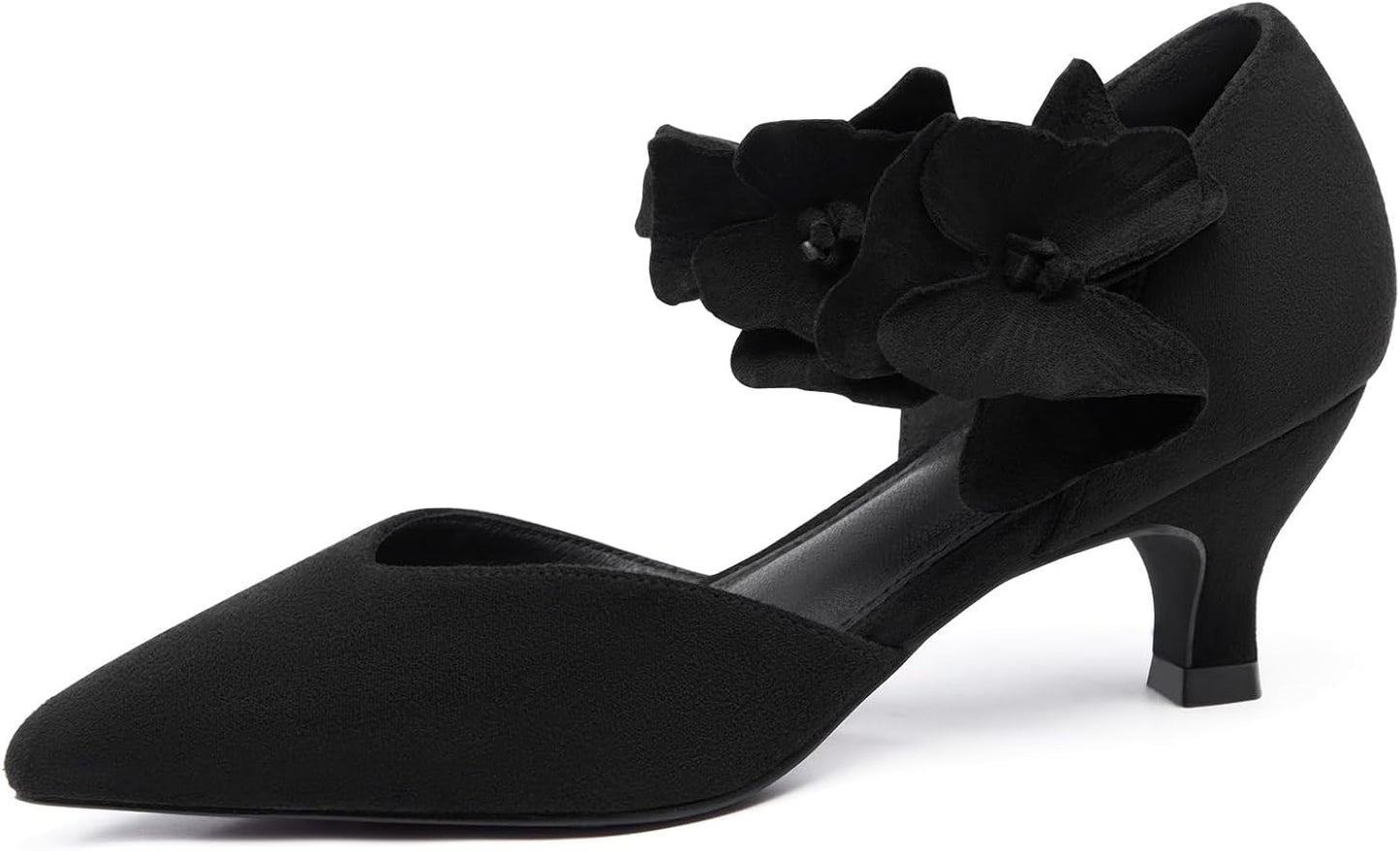 Women's low-heeled open-toe dress shoes, comfortable closed-toe flower-decorated flat-heeled ballroom pumps, suitable for formal occasions.