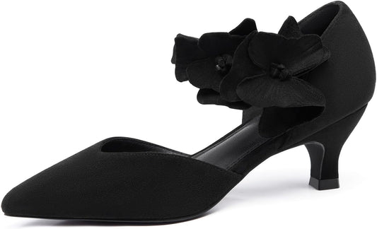 Women's low-heeled open-toe dress shoes, comfortable closed-toe flower-decorated flat-heeled ballroom pumps, suitable for formal occasions.