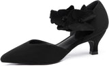 Women's low-heeled open-toe dress shoes, comfortable closed-toe flower-decorated flat-heeled ballroom pumps, suitable for formal occasions.