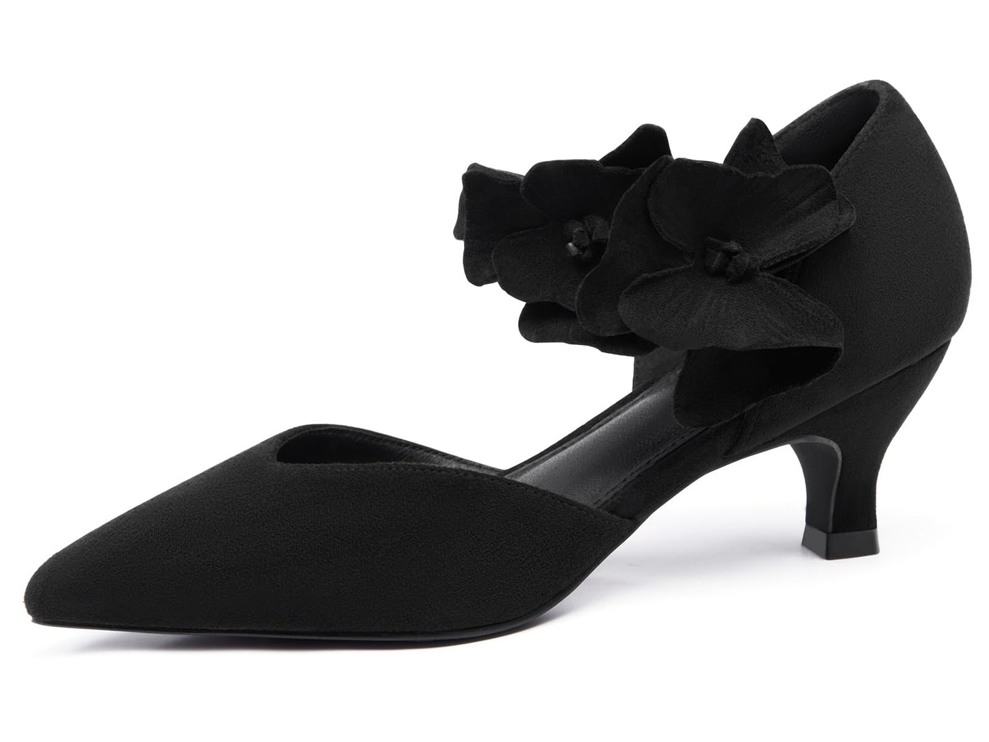 Women's low-heeled open-toe dress shoes, comfortable closed-toe flower-decorated flat-heeled ballroom pumps, suitable for formal occasions.