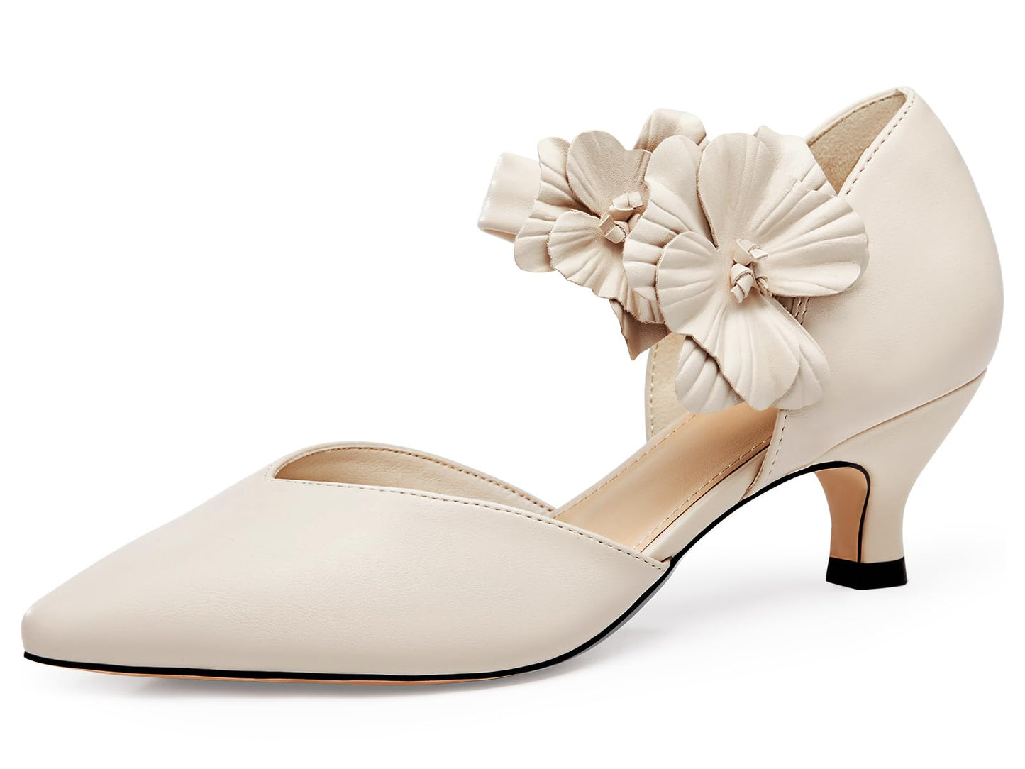Women's low-heeled open-toe dress shoes, comfortable closed-toe flower-decorated flat-heeled ballroom pumps, suitable for formal occasions.