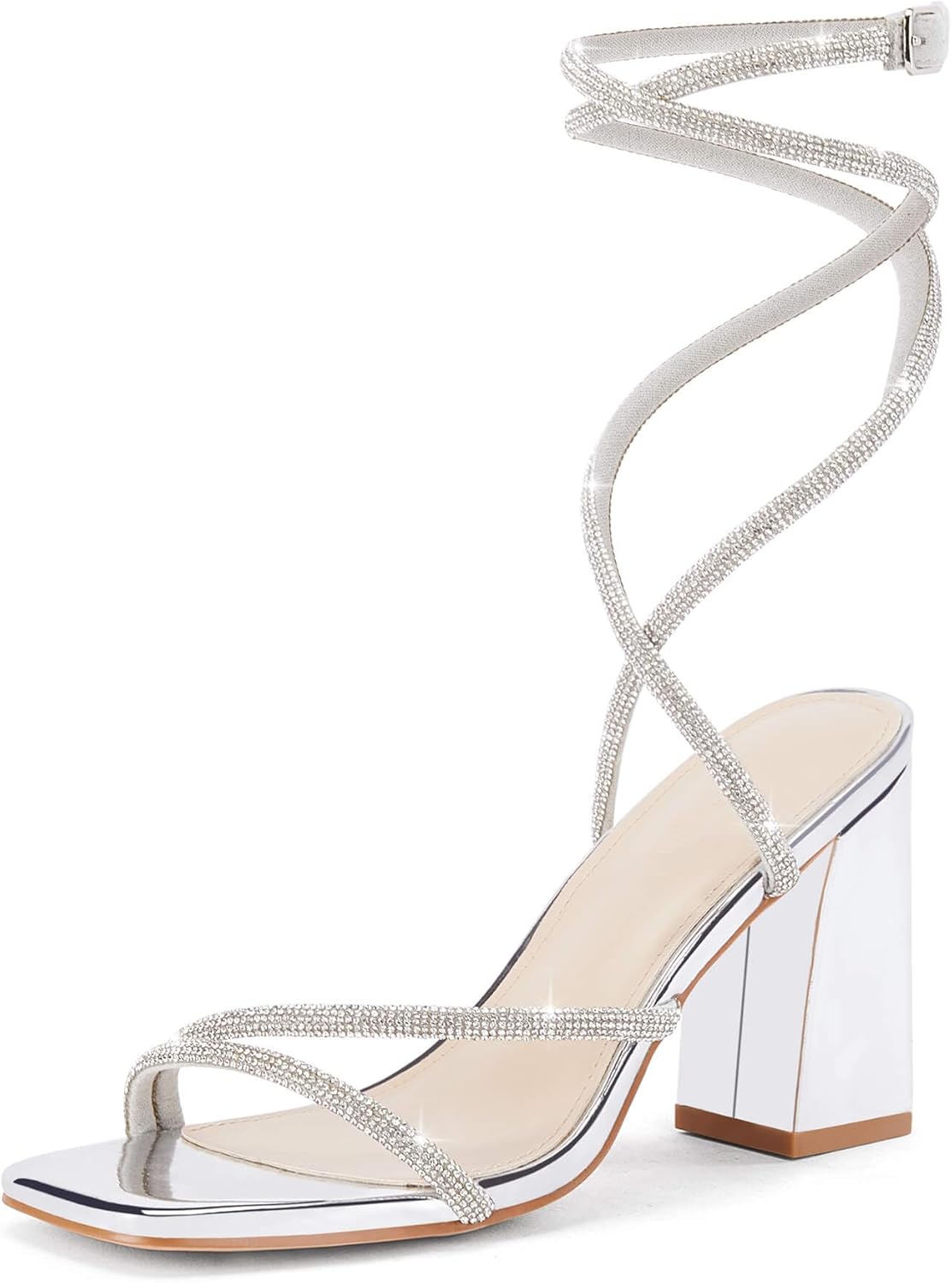 Womens Lace Up Chunky Heels Rhinestone Sandals Square Open Toe High Block Heeled Wedding Dress Shoes