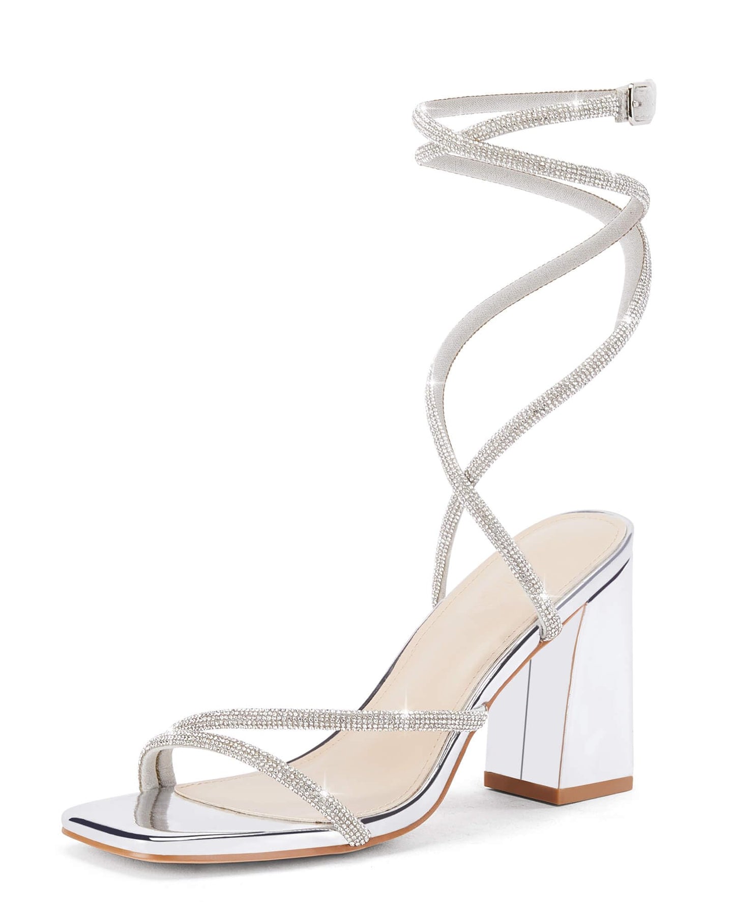 Womens Lace Up Chunky Heels Rhinestone Sandals Square Open Toe High Block Heeled Wedding Dress Shoes