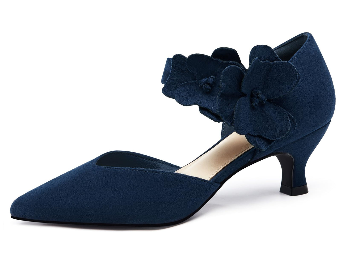 Women's low-heeled open-toe dress shoes, comfortable closed-toe flower-decorated flat-heeled ballroom pumps, suitable for formal occasions.