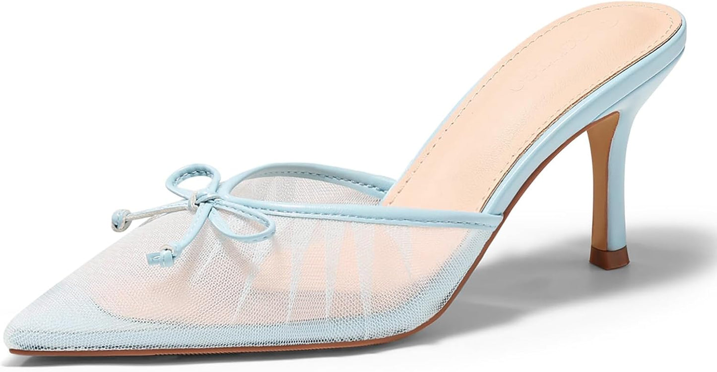 Womens High Heels Mules Bow Closed Pointed Toe Pumps Pleated Slip On Dress Shoes