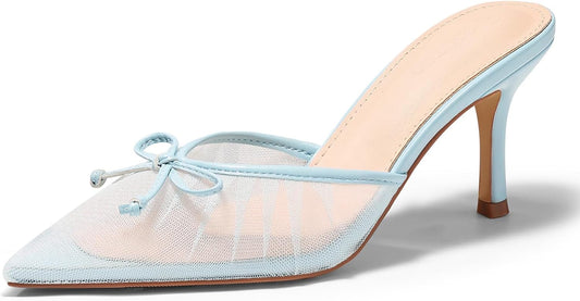 Womens High Heels Mules Bow Closed Pointed Toe Pumps Pleated Slip On Dress Shoes