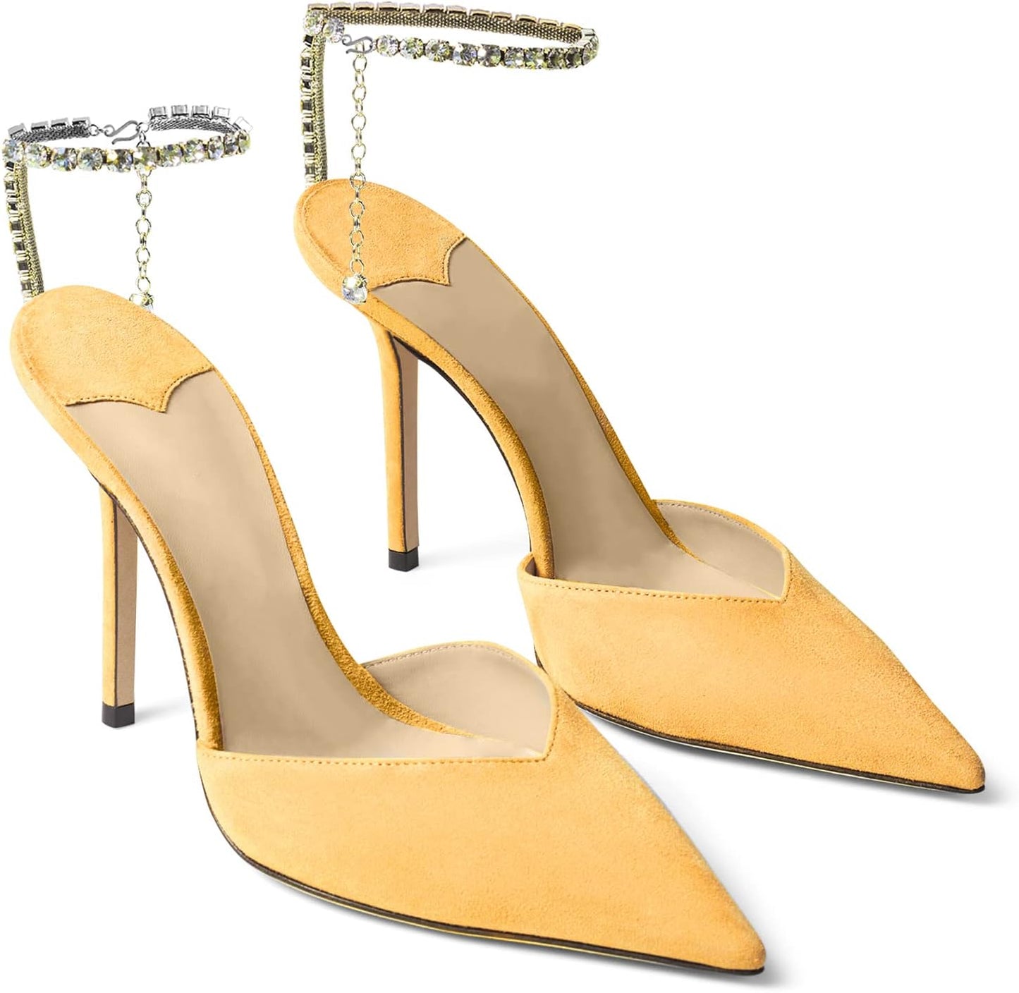 Women's Heeled Sandals Crystal Chain Ankle Straps Rhinestones Buckle High Heels Stiletto Slip On Wedding Party Satin Dress Shoes
