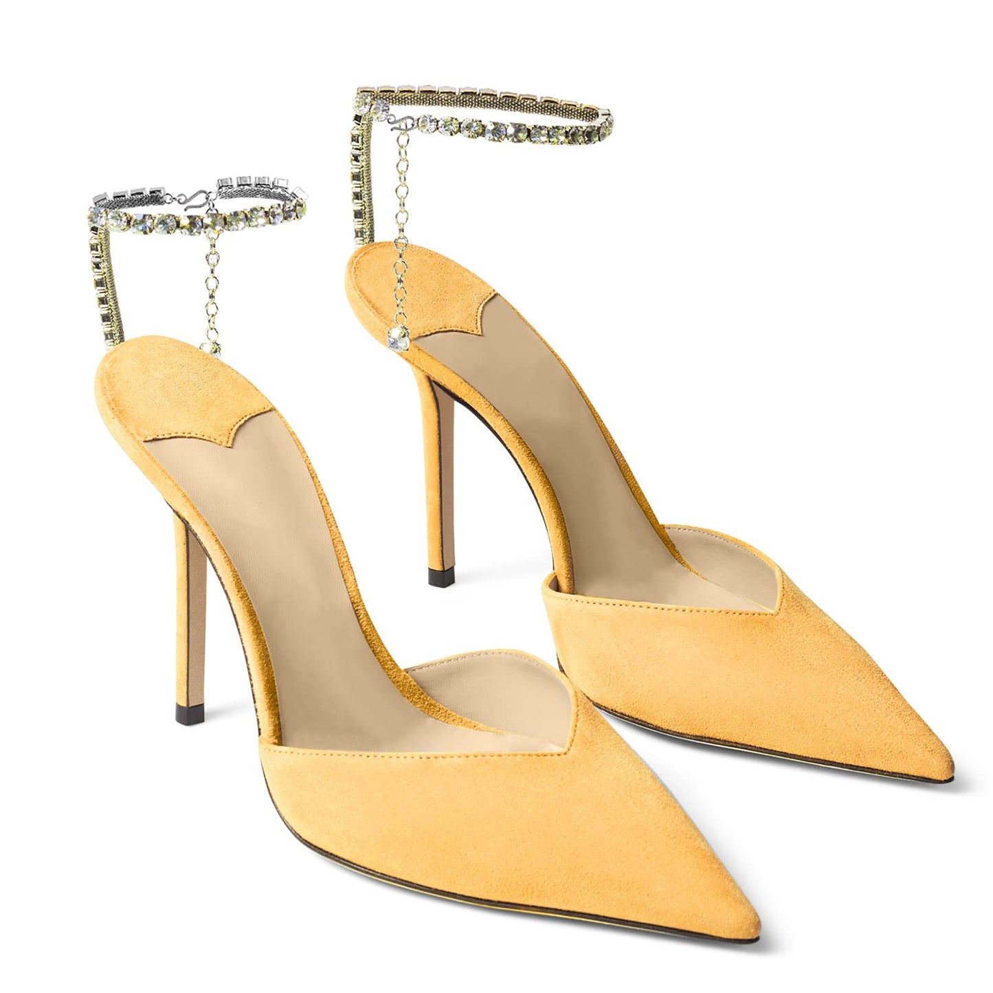 Women's Heeled Sandals Crystal Chain Ankle Straps Rhinestones Buckle High Heels Stiletto Slip On Wedding Party Satin Dress Shoes