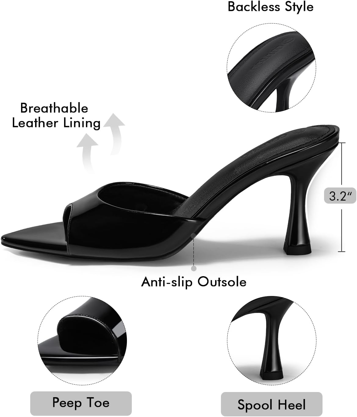 Womens Heeled Mules Pointed Peep Toe High Heels Slip On Backless Mule Sandals Dress Shoes