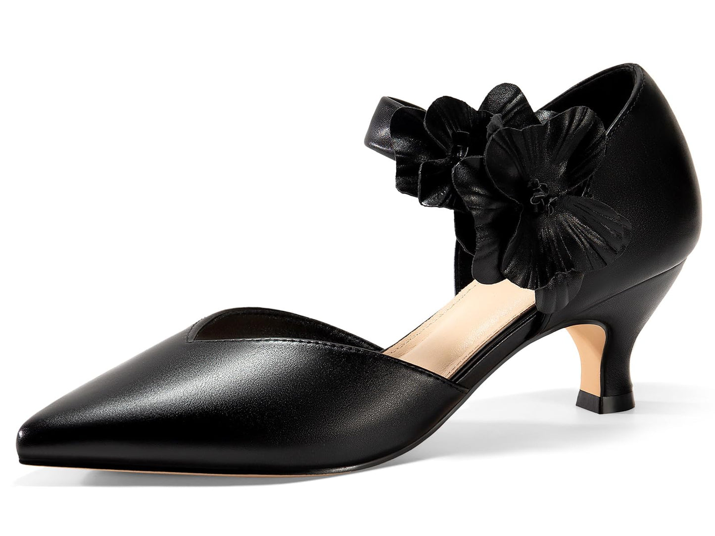 Women's low-heeled open-toe dress shoes, comfortable closed-toe flower-decorated flat-heeled ballroom pumps, suitable for formal occasions.
