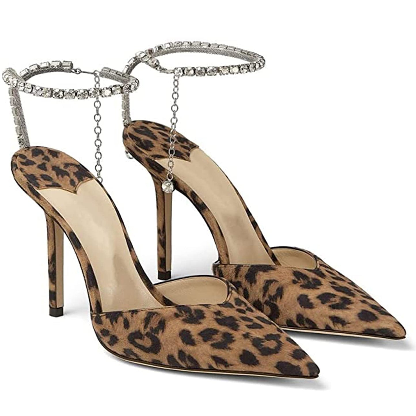 Women's Heeled Sandals Crystal Chain Ankle Straps Rhinestones Buckle High Heels Stiletto Slip On Wedding Party Satin Dress Shoes