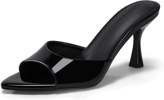 Womens Heeled Mules Pointed Peep Toe High Heels Slip On Backless Mule Sandals Dress Shoes
