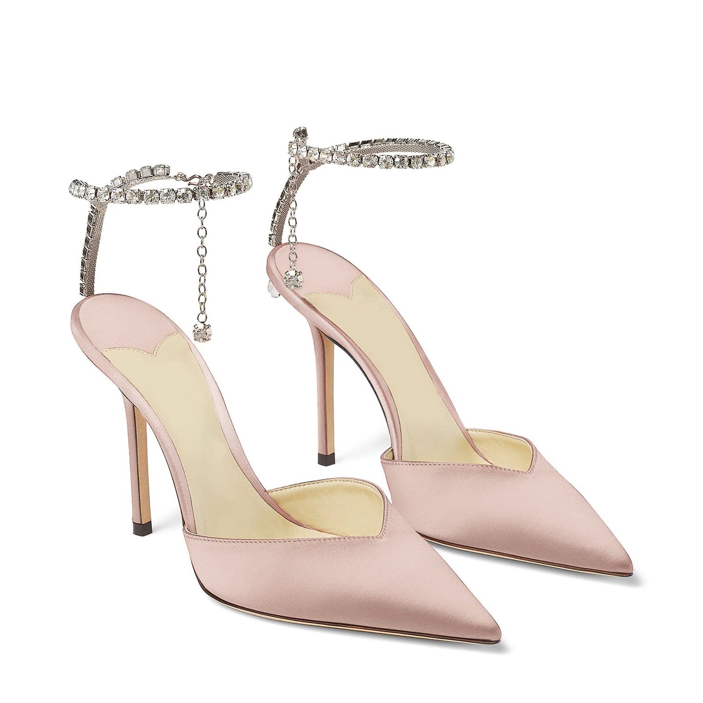 Women's Heeled Sandals Crystal Chain Ankle Straps Rhinestones Buckle High Heels Stiletto Slip On Wedding Party Satin Dress Shoes