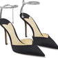 Women's Heeled Sandals Crystal Chain Ankle Straps Rhinestones Buckle High Heels Stiletto Slip On Wedding Party Satin Dress Shoes
