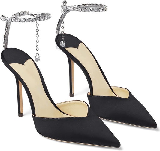 Women's Heeled Sandals Crystal Chain Ankle Straps Rhinestones Buckle High Heels Stiletto Slip On Wedding Party Satin Dress Shoes