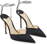 Women's Heeled Sandals Crystal Chain Ankle Straps Rhinestones Buckle High Heels Stiletto Slip On Wedding Party Satin Dress Shoes